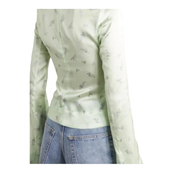 GANNI Cutout Ruched Floral-print Stretch-silk Satin Top In Light Green NWOT - Picture 3 of 9